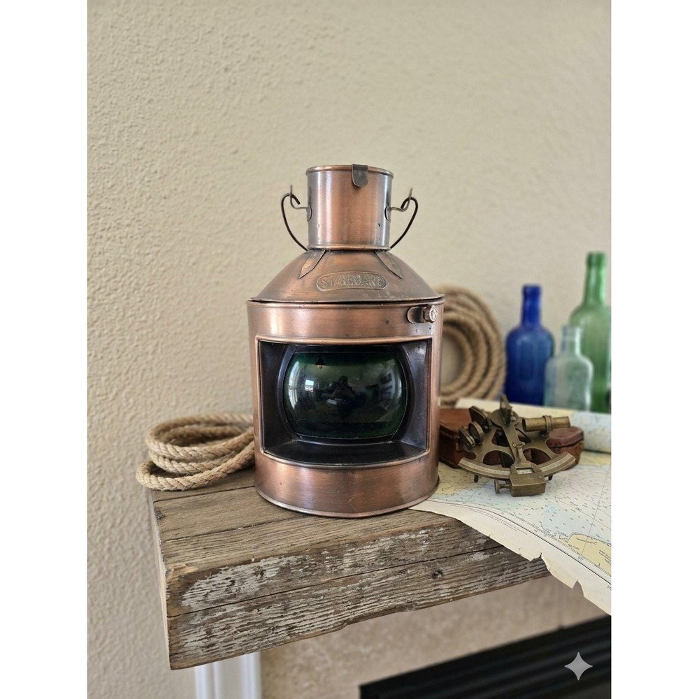 Vintage Copper Nautical Starboard Ship Oil Lantern Green Lens Maritime Decor
